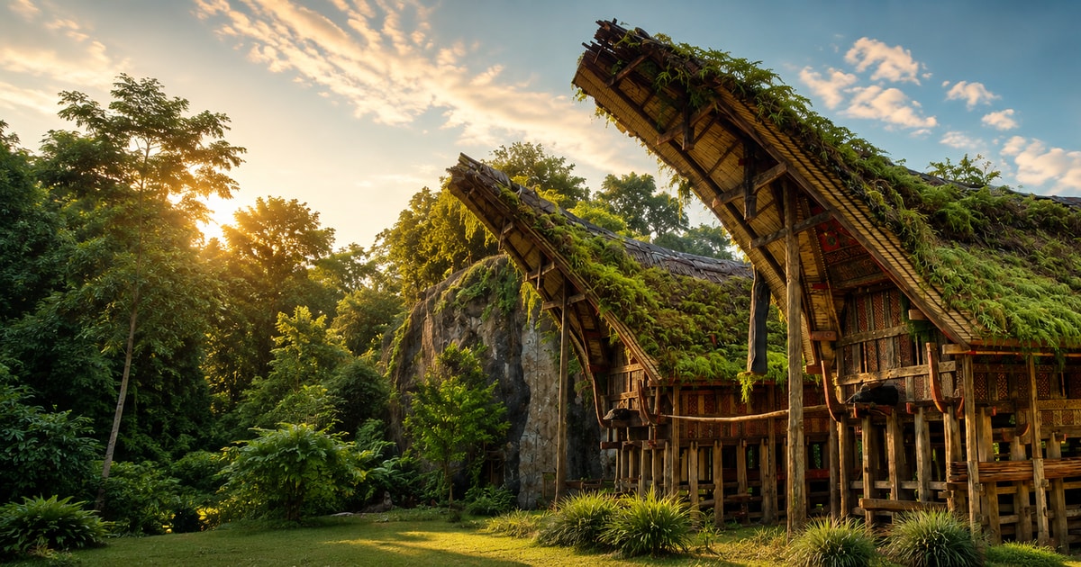 Weathered tongkonan roofs with plants growing over them